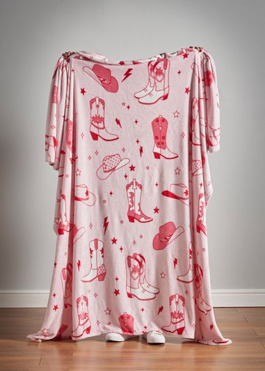 Sassy B Cowgirl Boots Cosy Fleece 200x240cm Oversized Blanket Throw Pink