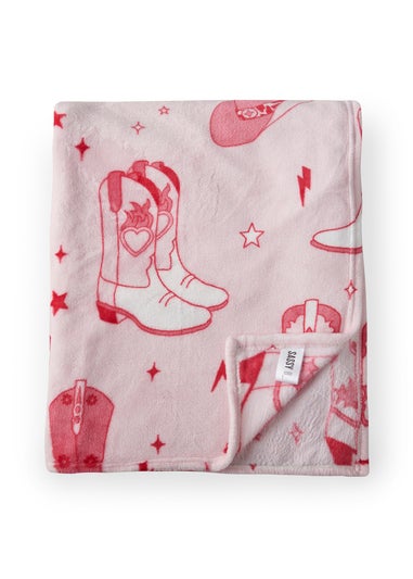 Sassy B Cowgirl Boots Cosy Fleece 200x240cm Oversized Blanket Throw Pink