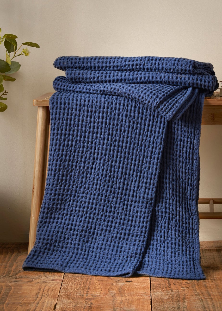Pineapple Elephant Jaipur Chunky Waffle Cotton 150x200cm Blanket Throw Navy Blue