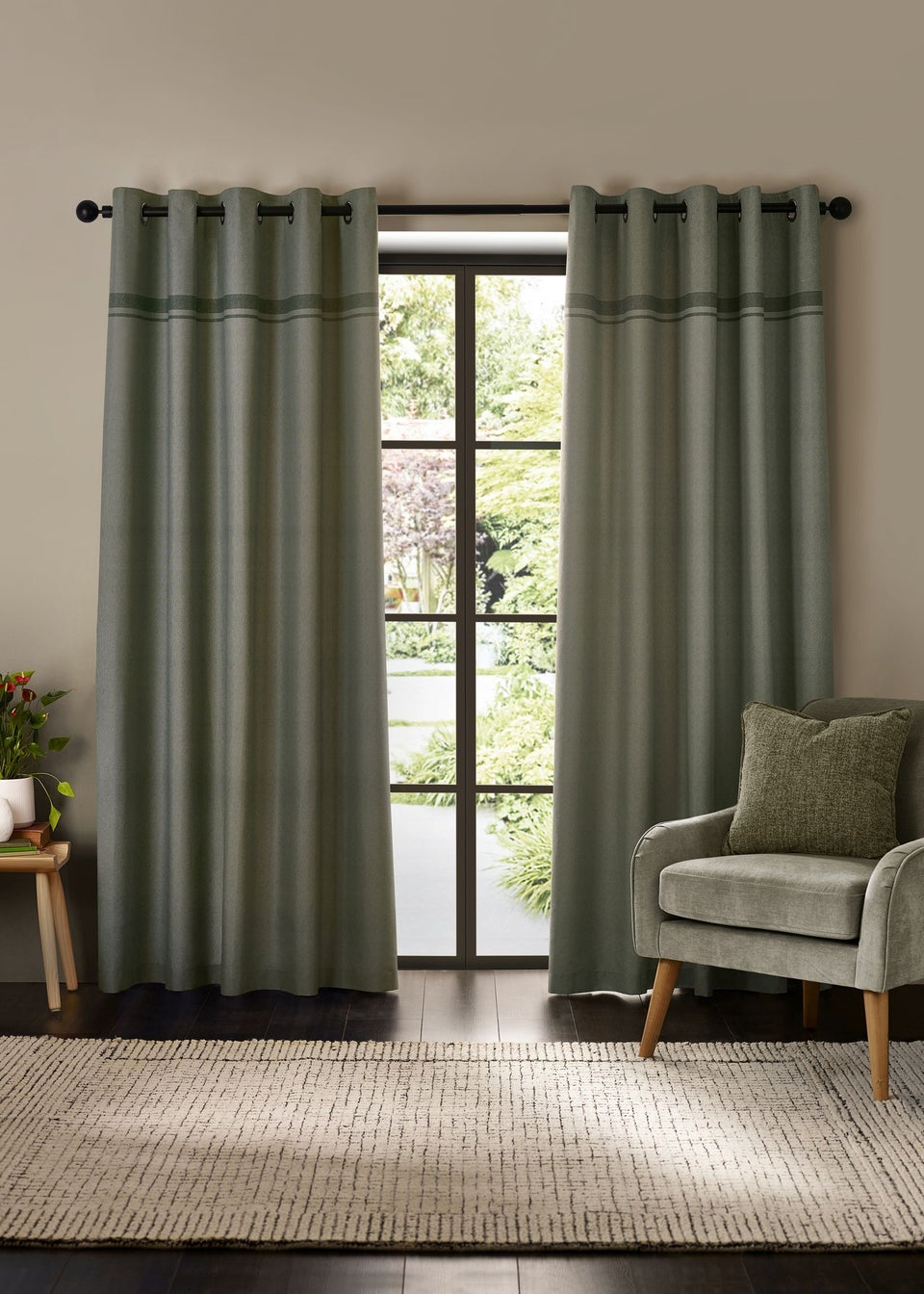 Catherine Lansfield Melville Lined Eyelet Curtains Green