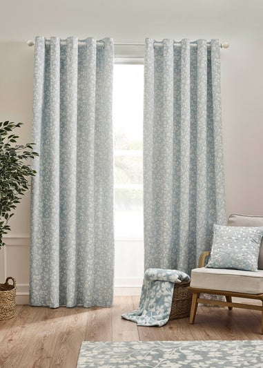 Catherine Lansfield Brooke Floral Lined Eyelet Curtains Duck egg Blue