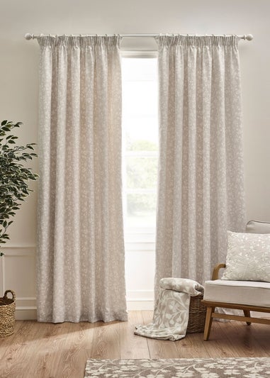 Catherine Lansfield Brooke Floral Lined Pencil Pleat Curtains Natural