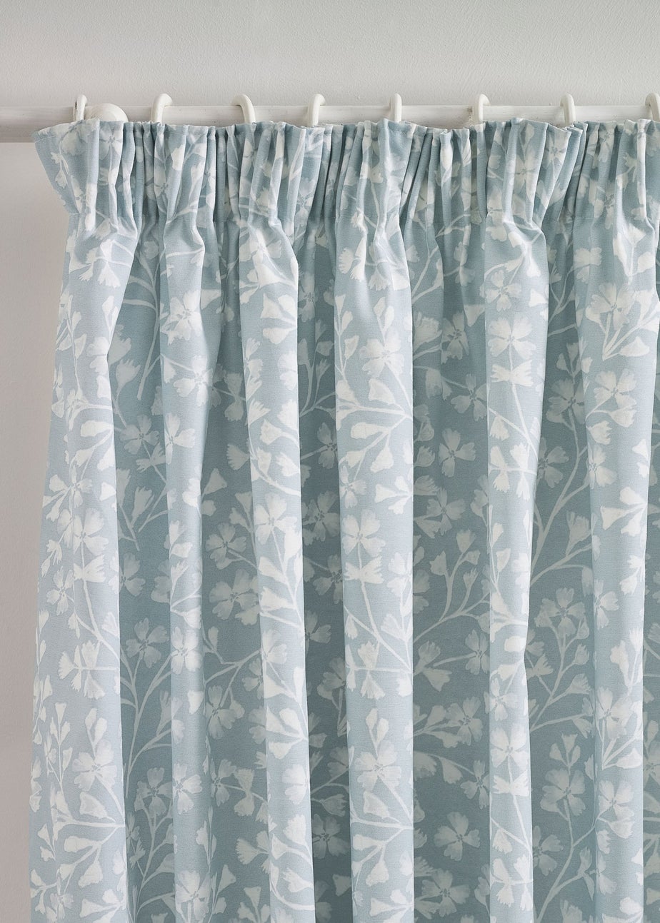 Catherine Lansfield Brooke Floral Lined Pencil Pleat Curtains Duck egg Blue