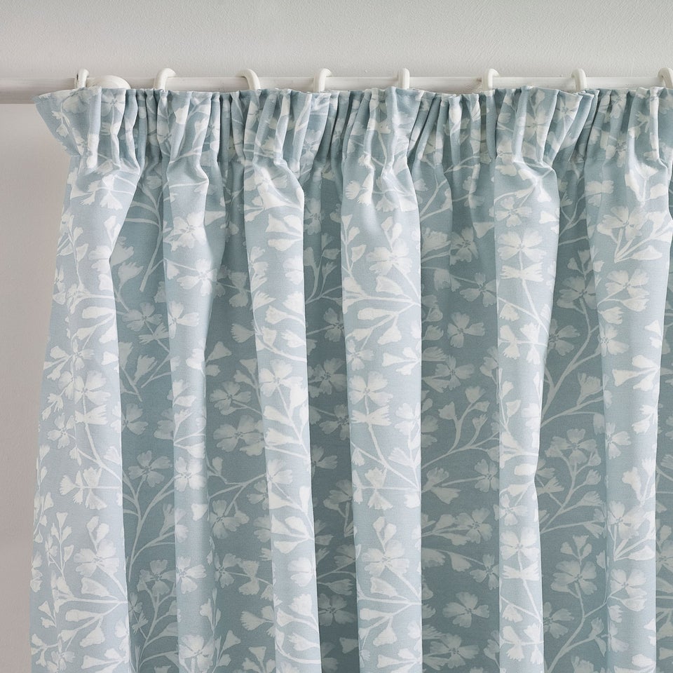 Catherine Lansfield Brooke Floral Lined Pencil Pleat Curtains Duck egg Blue
