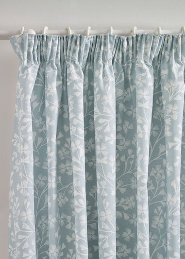 Catherine Lansfield Brooke Floral Lined Pencil Pleat Curtains Duck egg Blue
