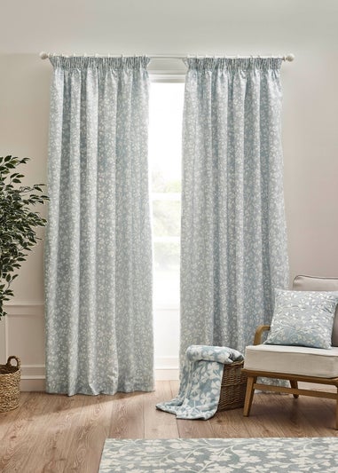 Catherine Lansfield Brooke Floral Lined Pencil Pleat Curtains Duck egg Blue