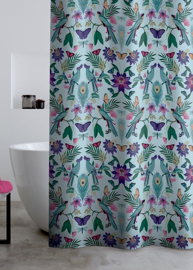 Catherine Lansfield Mya Tropical Bird Shower Curtain Panel Duck egg Blue