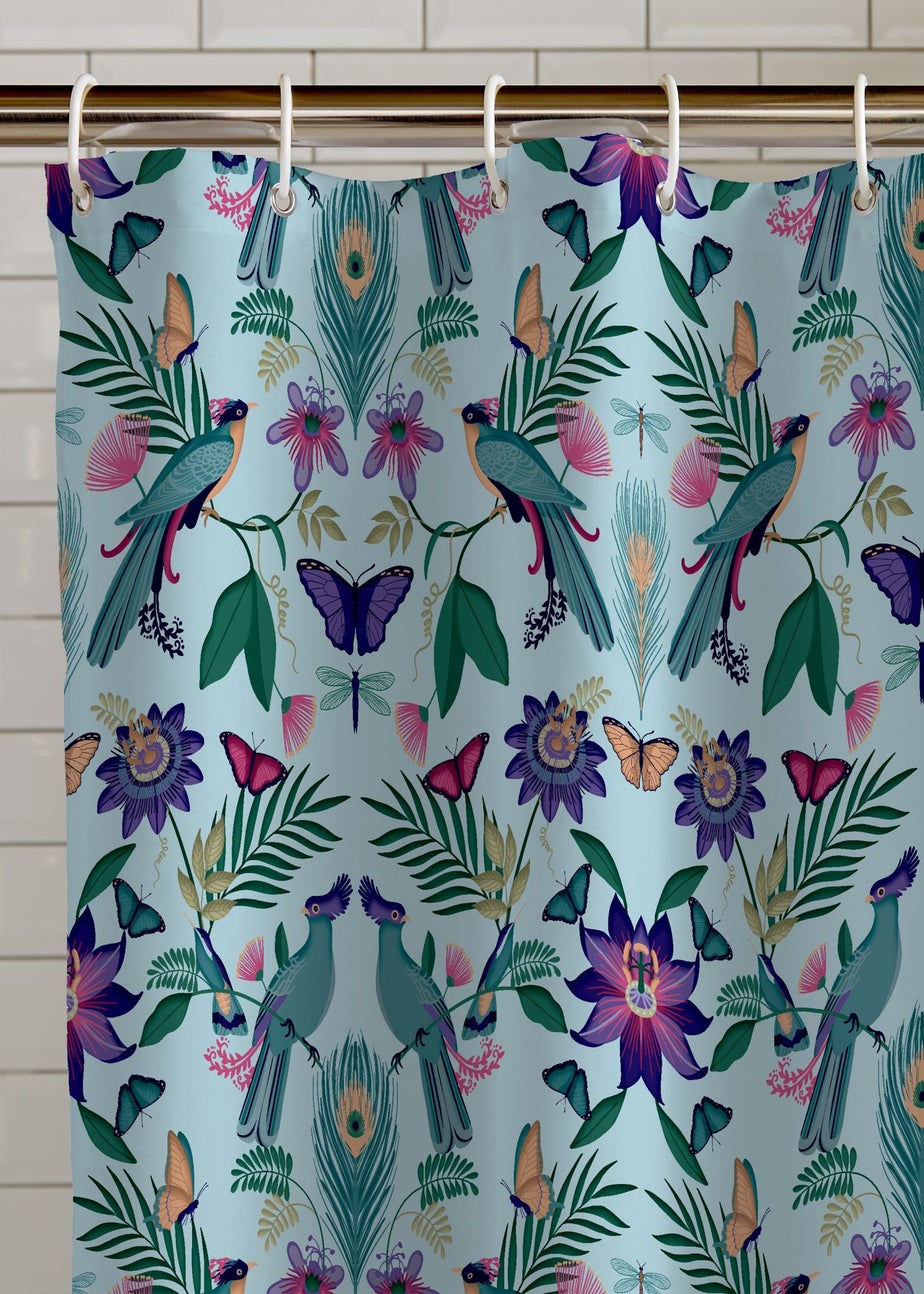 Catherine Lansfield Mya Tropical Bird Shower Curtain Panel Duck egg Blue