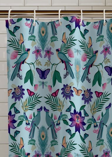 Catherine Lansfield Mya Tropical Bird Shower Curtain Panel Duck egg Blue