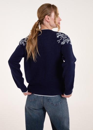 Blue Vanilla Navy Detailed Embroidery Shoulder Jumper