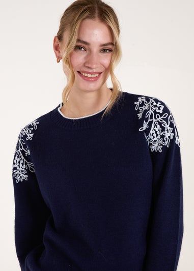 Blue Vanilla Navy Detailed Embroidery Shoulder Jumper