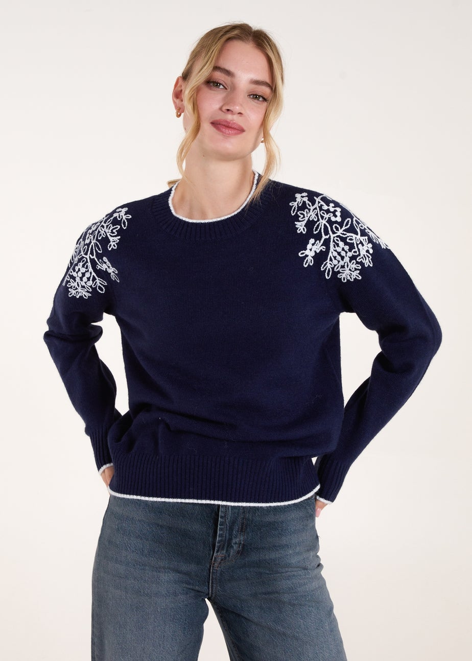 Blue Vanilla Navy Detailed Embroidery Shoulder Jumper