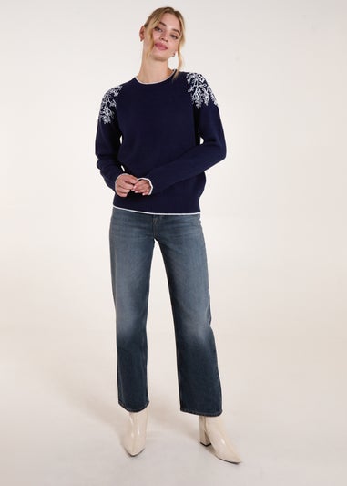 Blue Vanilla Navy Detailed Embroidery Shoulder Jumper