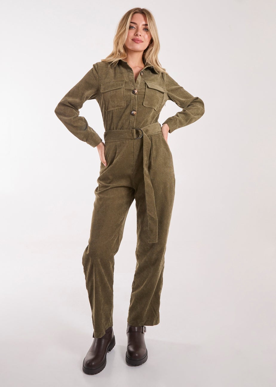 Pink Vanilla Khaki Corduroy Collar Long Sleeve Button Boilersuit