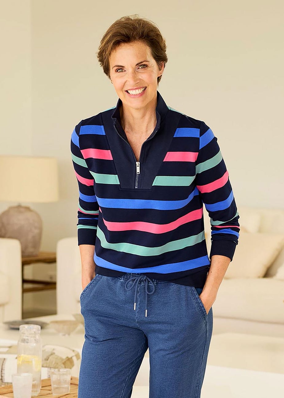Cotton Traders Navy Stripe Zip-Neck Sweatshirt