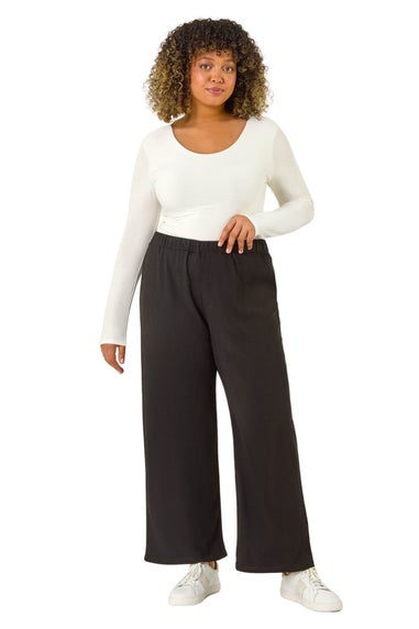 Roman Black Curve Textured Elastic Waist Wide Leg Trouser