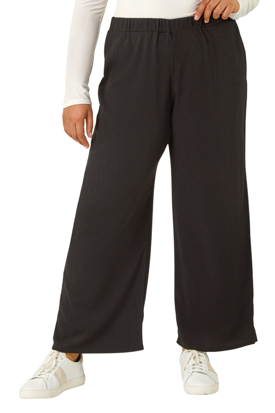 Roman Black Curve Textured Elastic Waist Wide Leg Trouser