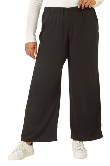Roman Black Curve Textured Elastic Waist Wide Leg Trouser