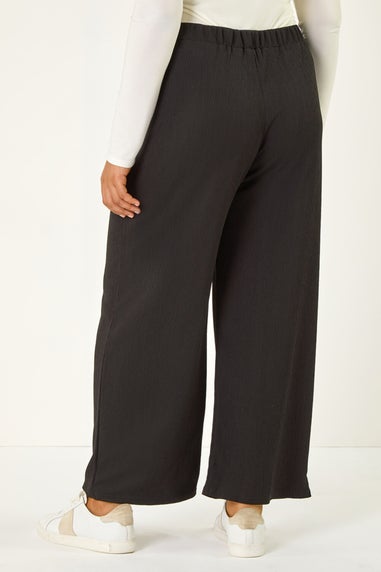 Roman Black Curve Textured Elastic Waist Wide Leg Trouser