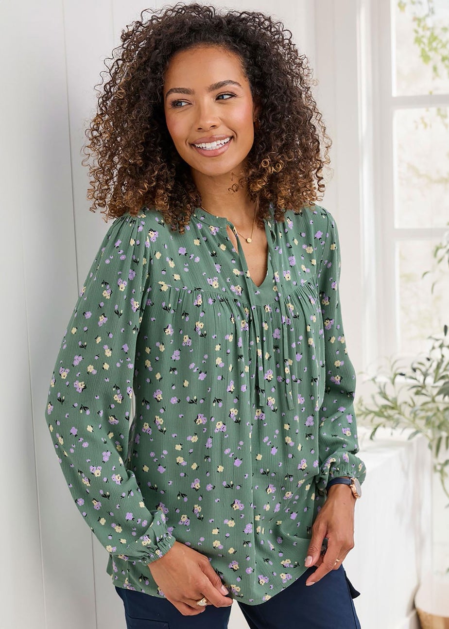 Cotton Traders Forest Green Printed Crinkle Blouse