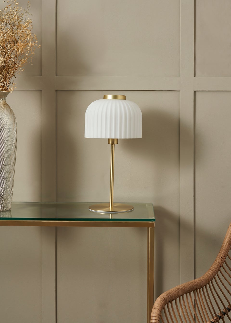 BHS Costa Brass Table Lamp with Ribbed White glass (38cm x 19cm)