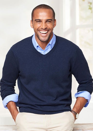 Cotton Traders Pastel Blue Cotton V-Neck Jumper