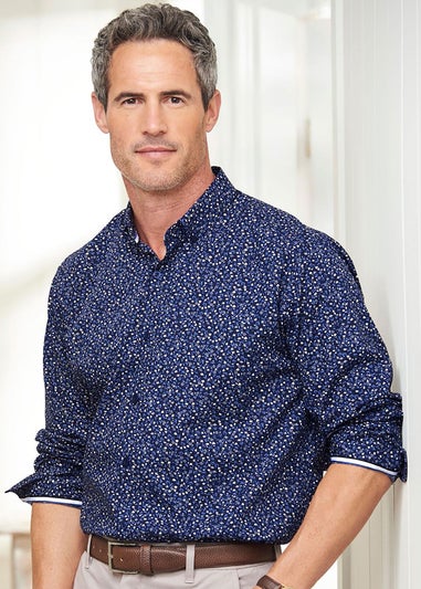 Cotton Traders Dark Blue Long Sleeve Supreme Easy-Care Print Shirt