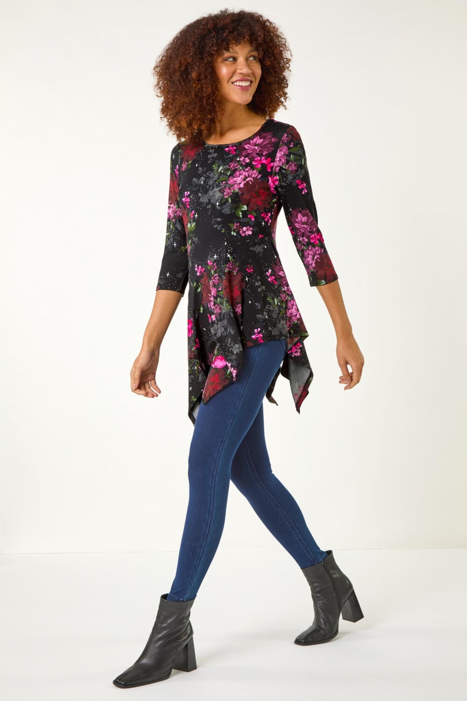 Roman Red Floral Print Hanky Hem Stretch Top