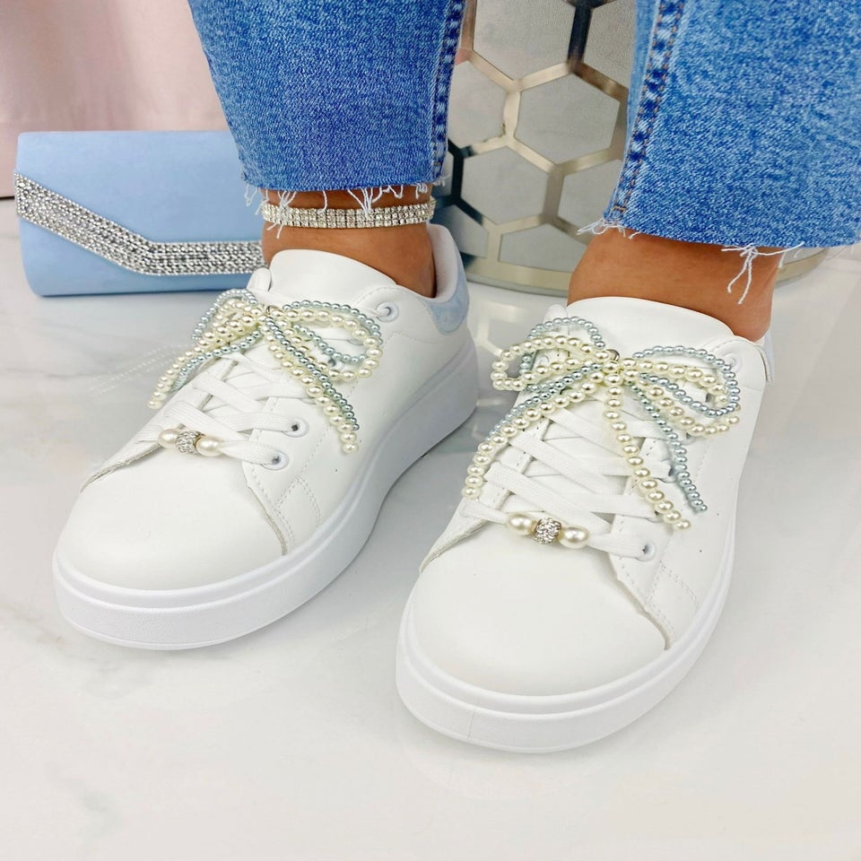 Love Lemonade Blue Sparkly Pearl Bow Chunky Trainers