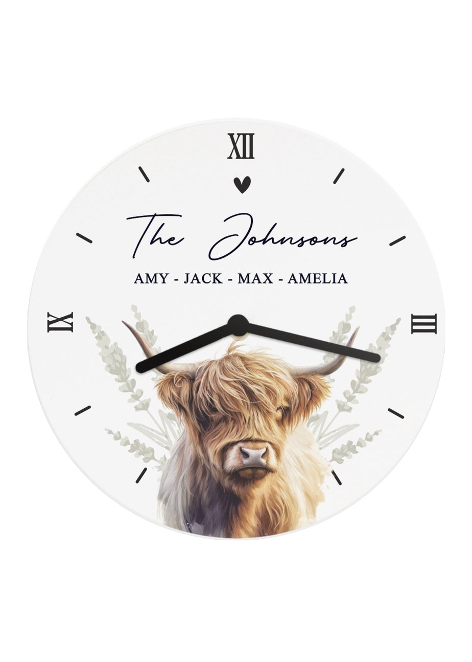Personalised Memento Company Highland Cow White Wooden Clock