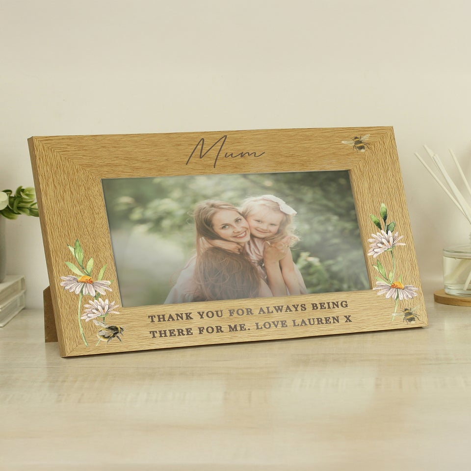 Personalised Memento Company Floral Bee 6x4 Brown Oak Finish Photo Frame