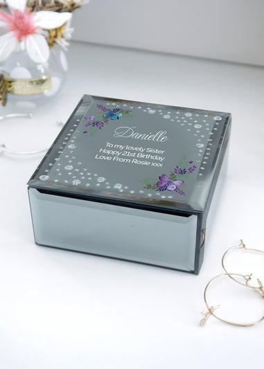 Personalised Memento Company Floral Butterfly Diamante Silver Glass Trinket Box
