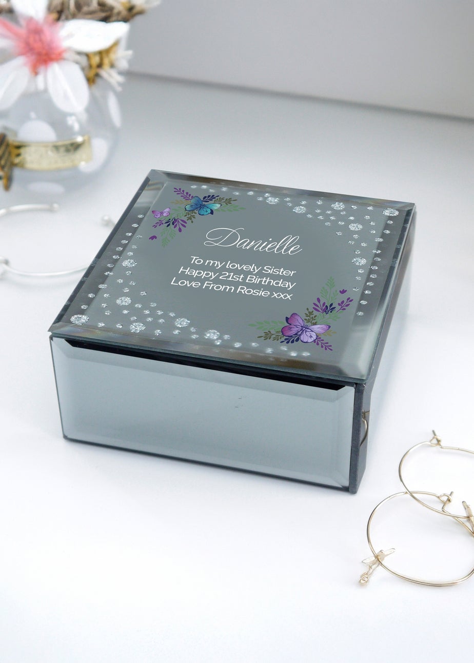 Personalised Memento Company Floral Butterfly Diamante Silver Glass Trinket Box