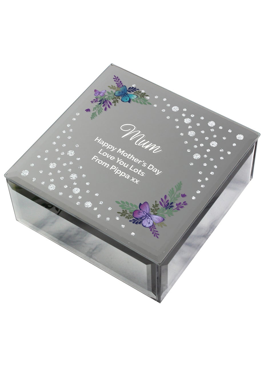 Personalised Memento Company Floral Butterfly Diamante Silver Glass Trinket Box
