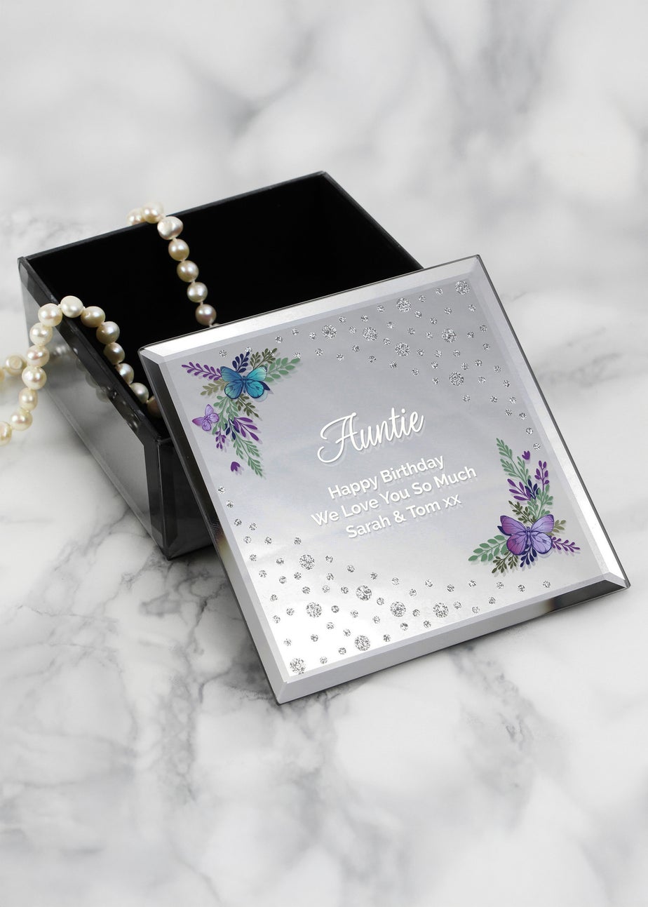 Personalised Memento Company Floral Butterfly Diamante Silver Glass Trinket Box