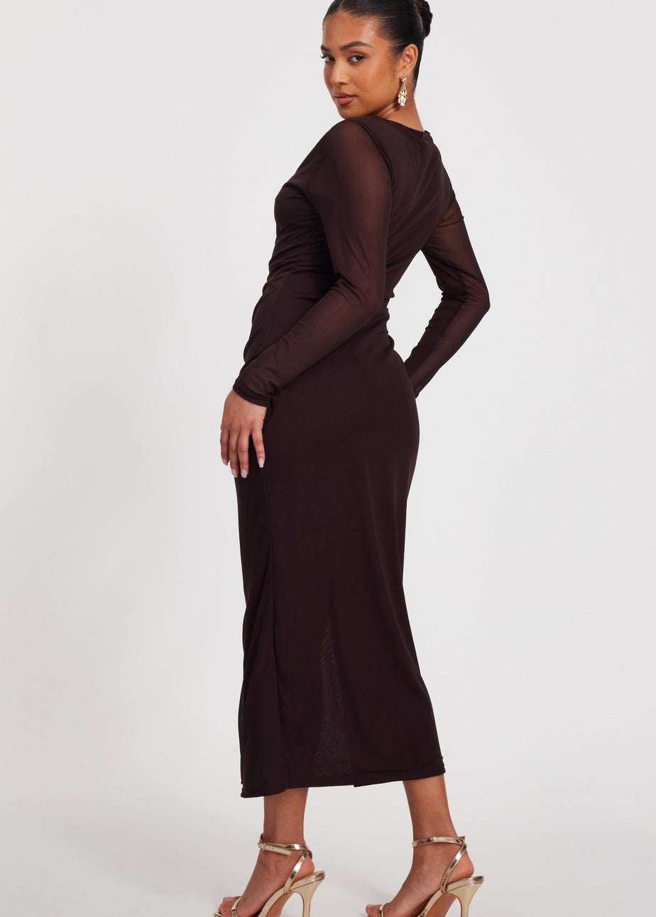 Quiz Brown Petite Mesh Long Sleeve Midaxi Dress