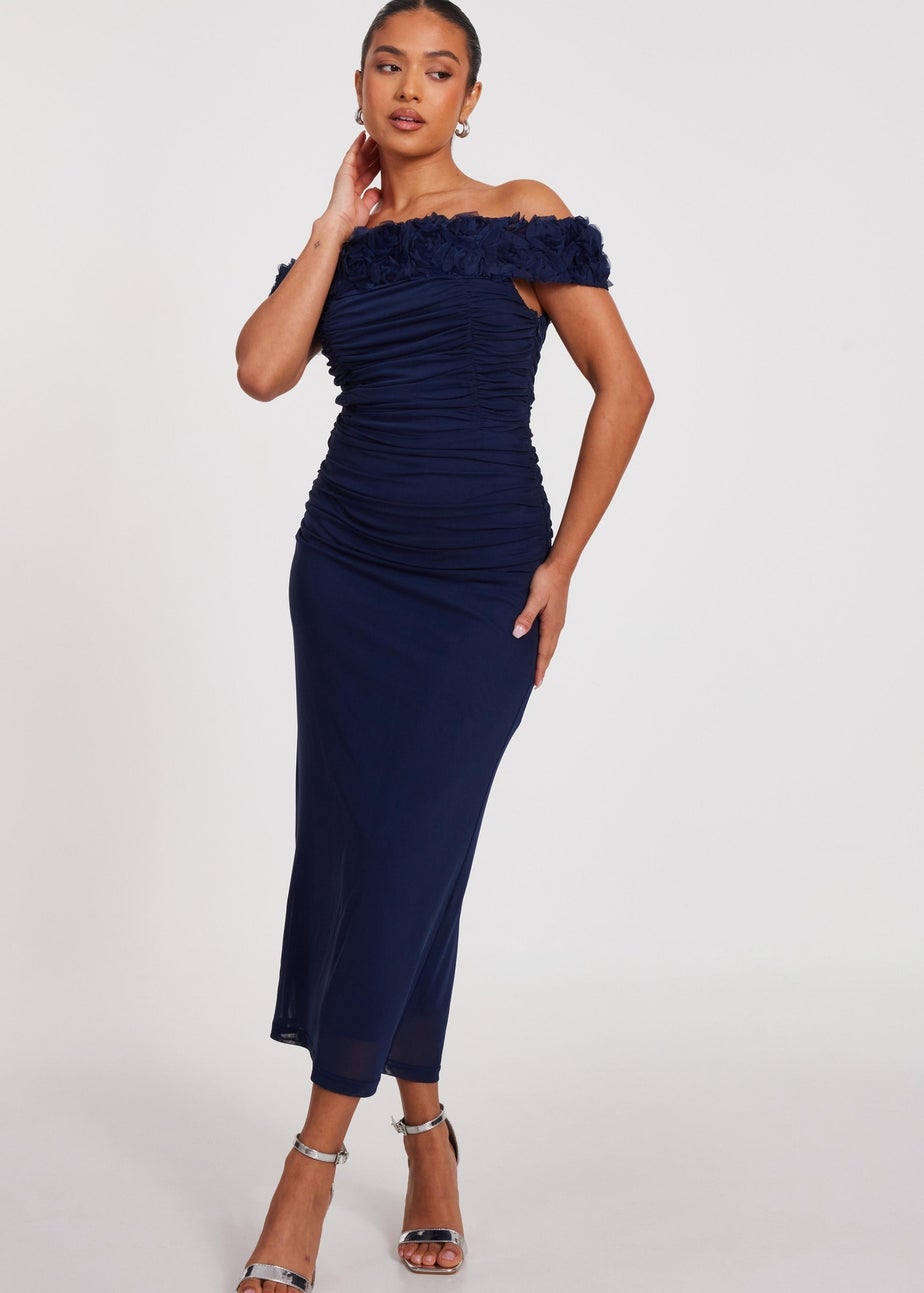 Quiz Navy Petite Mesh Bardot Midaxi Dress