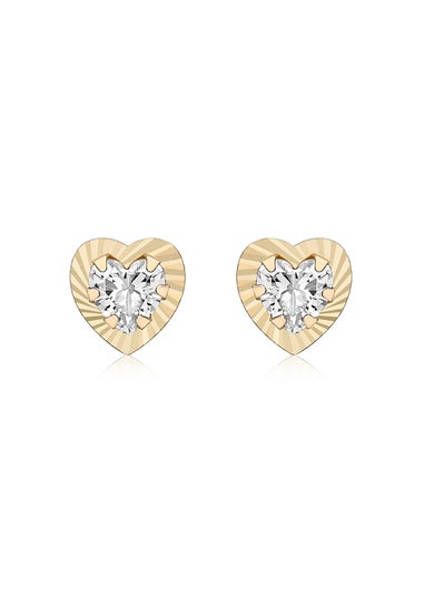Golden Moments 9ct Yellow Gold CZ Diamond Cut Heart Stud Earrings