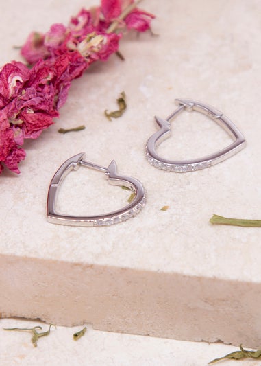 Golden Moments Sterling Silver Rhodium Plated Round White CZs Heart Hoop Earrings