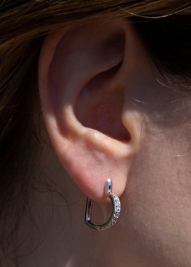 Golden Moments Sterling Silver Rhodium Plated Round White CZs Heart Hoop Earrings