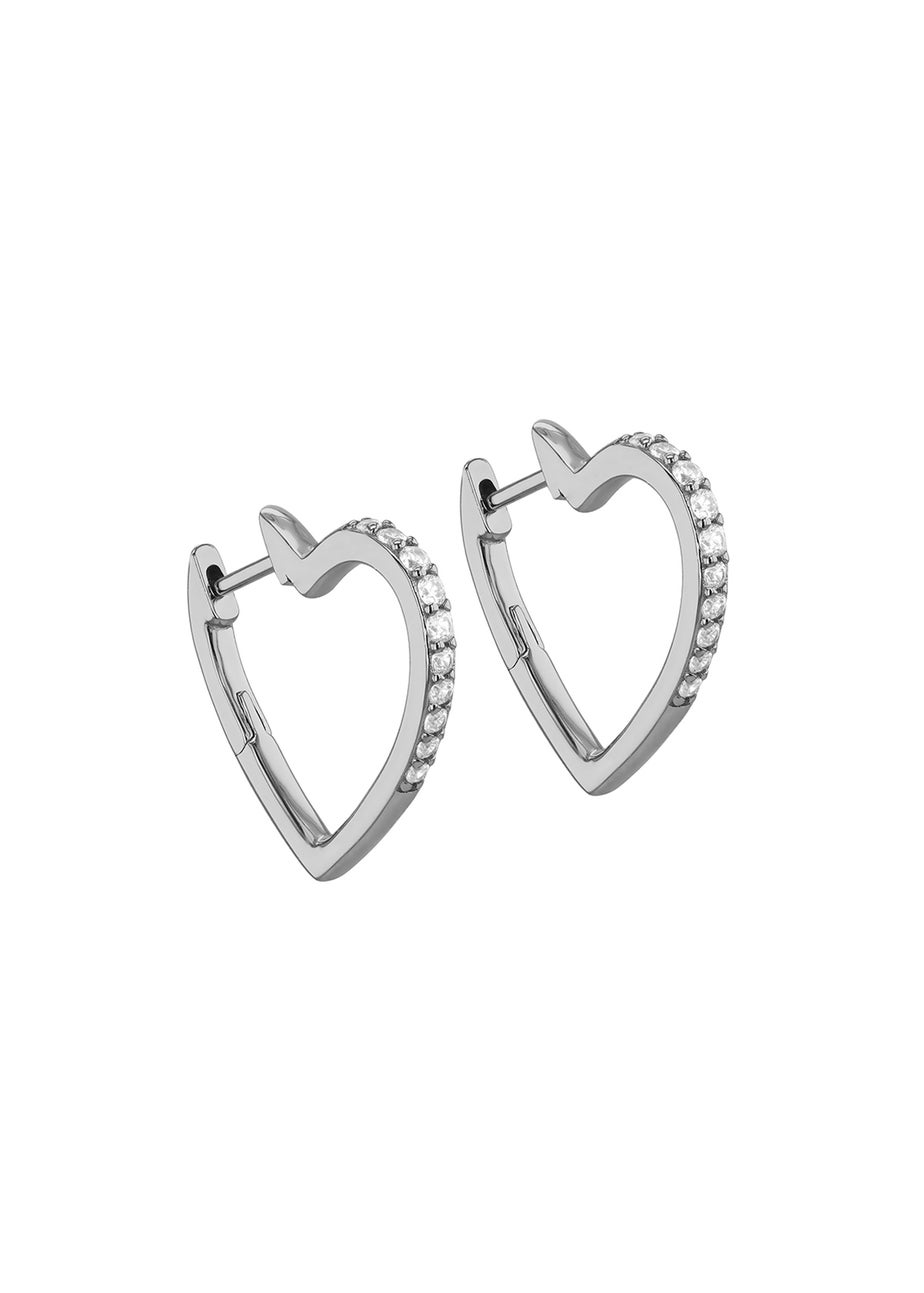 Golden Moments Sterling Silver Rhodium Plated Round White CZs Heart Hoop Earrings