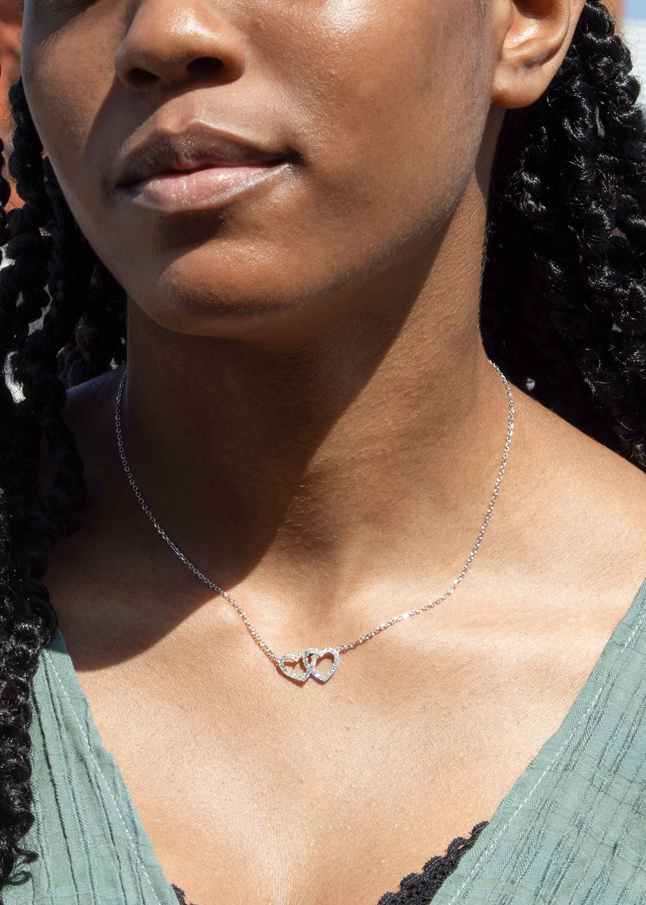 Golden Moments Sterling Silver Rhodium Plated CZ Double-Heart Adjustable Necklet