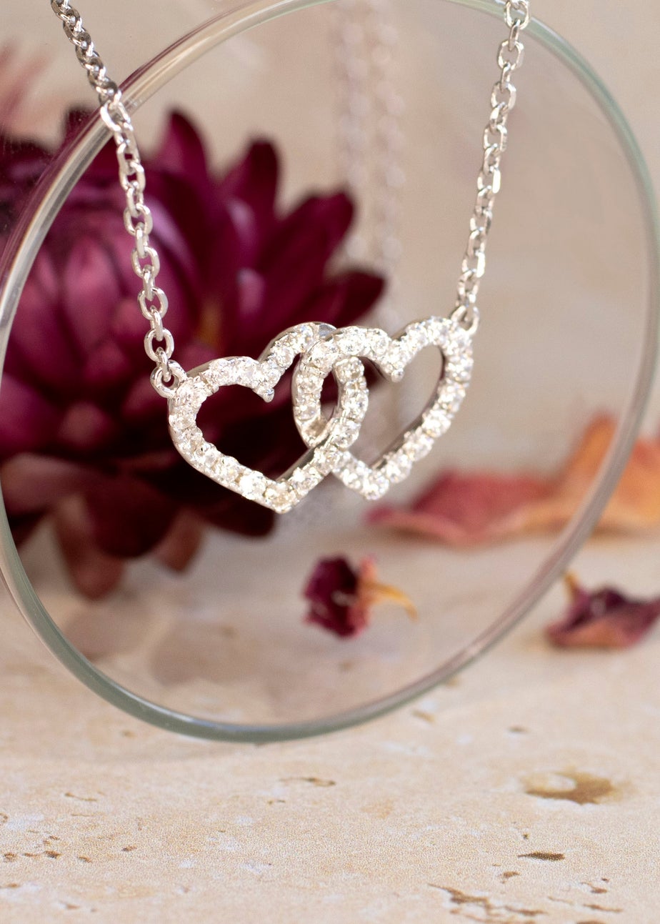 Golden Moments Sterling Silver Rhodium Plated CZ Double-Heart Adjustable Necklet