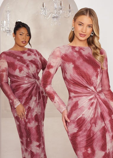 Quiz Pink Curve Marble Print Midaxi Dress