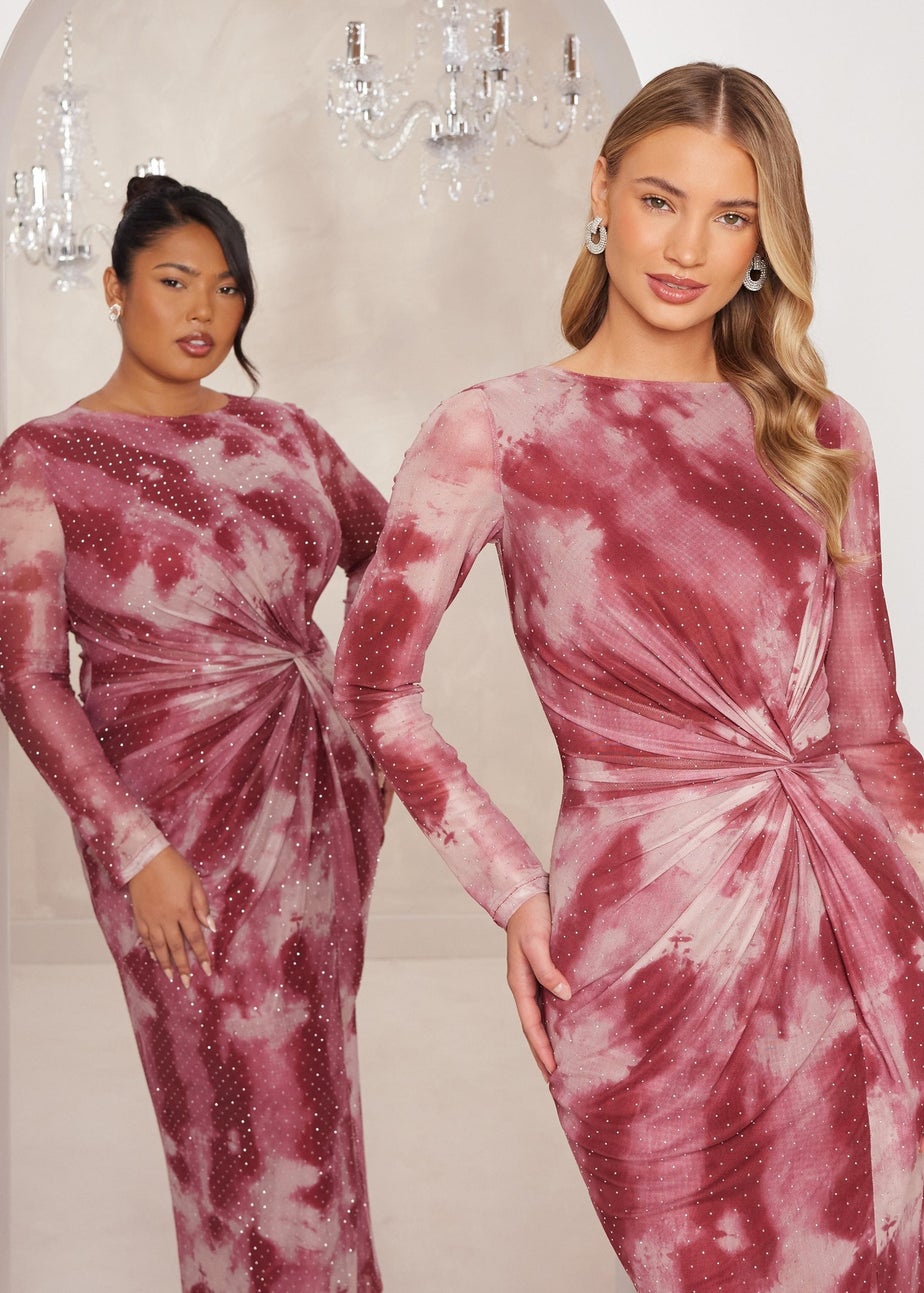 Quiz Pink Curve Marble Print Midaxi Dress