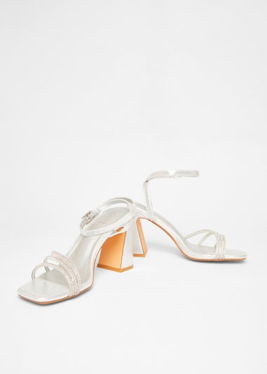 Quiz Silver Diamante Block Heels