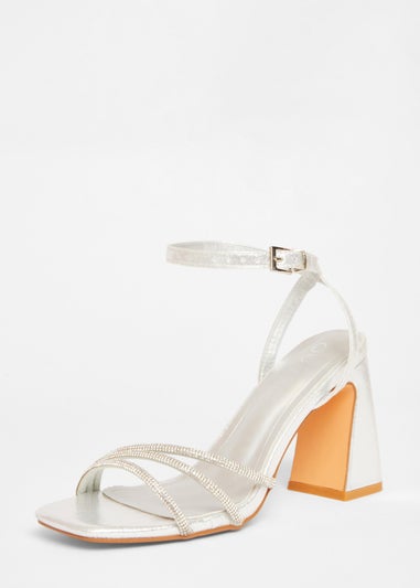 Quiz Silver Diamante Block Heels