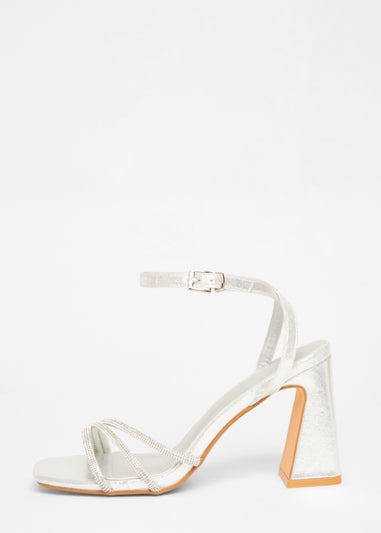 Quiz Silver Diamante Block Heels