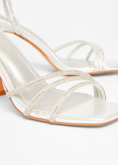 Quiz Silver Diamante Block Heels