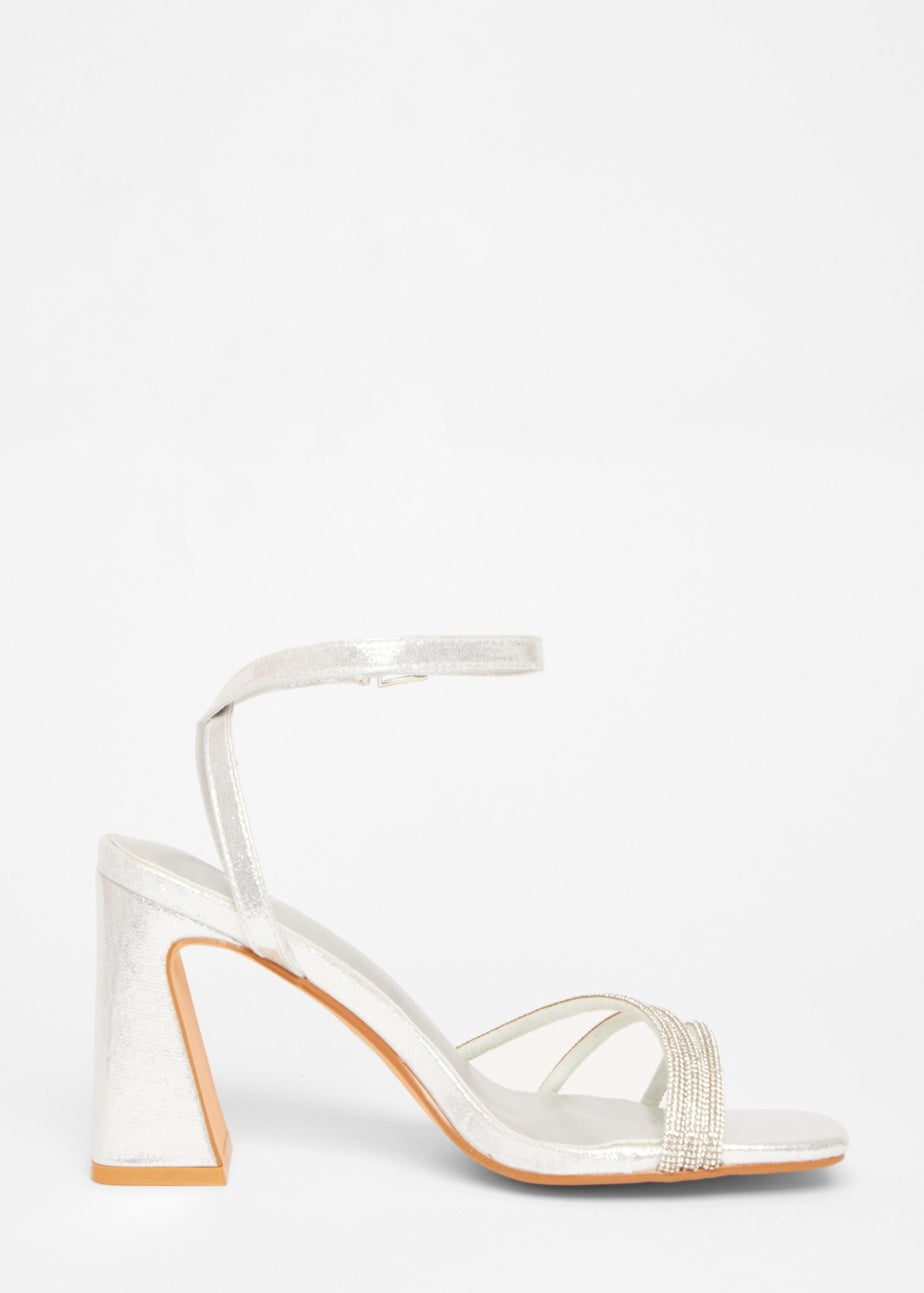 Quiz Silver Diamante Block Heels